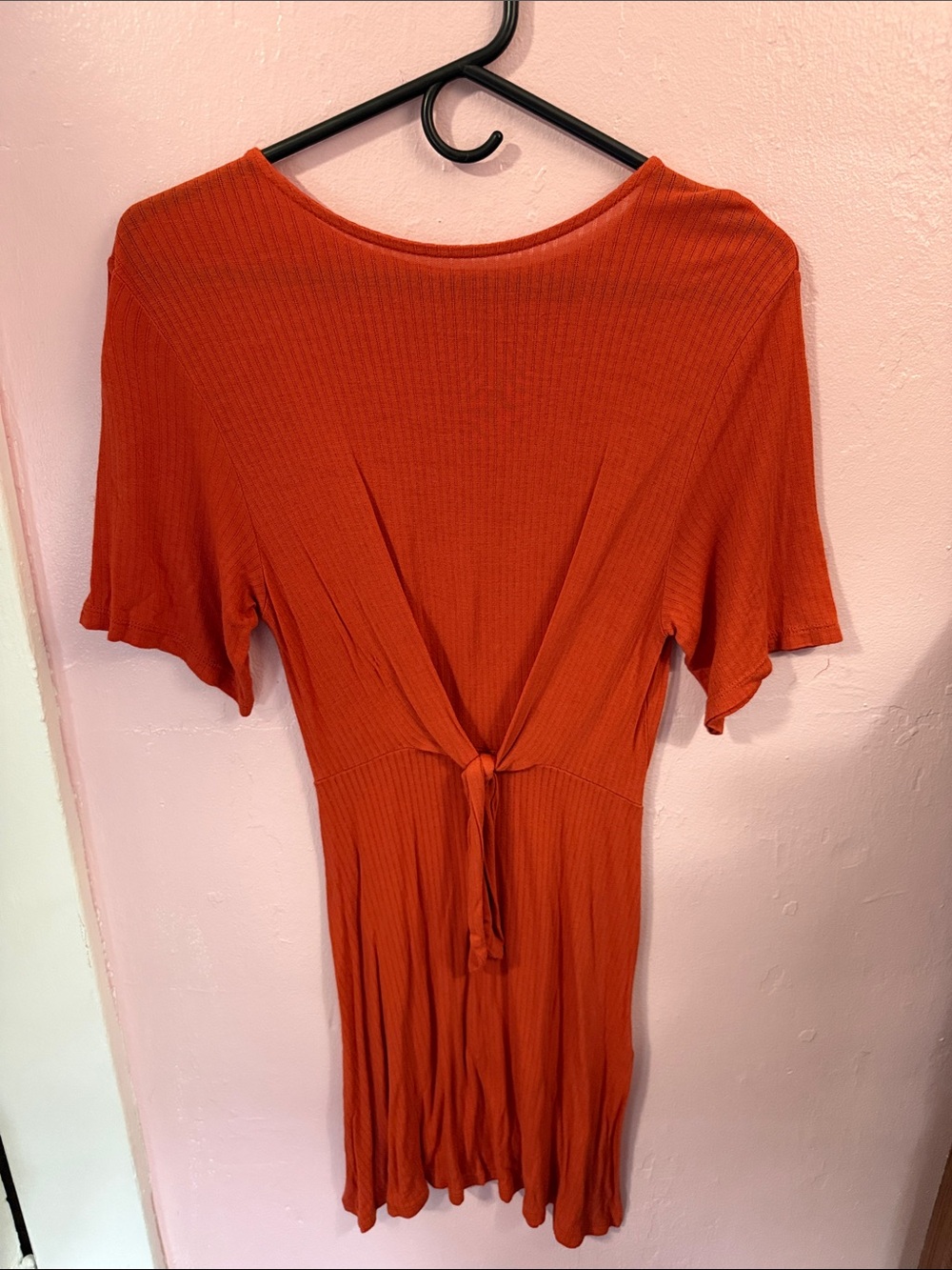 Ribbed Tie-Front Knit Dress - Burnt Orange